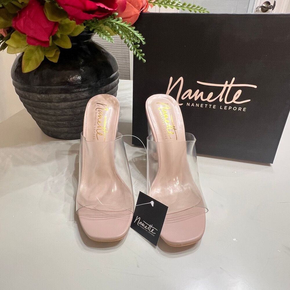 Nanette Lepore Women's Luxe Clear Lucite Block Heel Mule Sandals Nude Sz 8M NWT